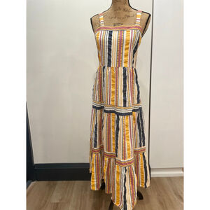 LOFT Textured Cotton Striped Tiered Maxi Dress 8 Square Neck Boho Cottage Beach
